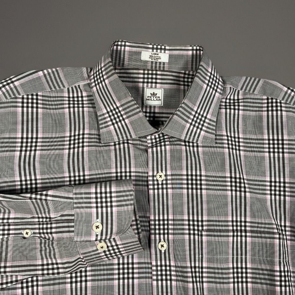 Peter Millar Crown‎ Long Sleeve Button Up Shirt Men L Gray/Pink Plaid Casual